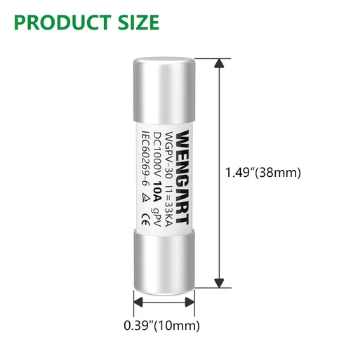 Vista 4 de Fusibles Solares Wengart WGPV-30, DC1000V 10Amp, 10x38mm, I133kA, Fusibles Fotovoltaicos Rápidos para Aplicaciones Solares Fotovoltaicas, 10 piezas
