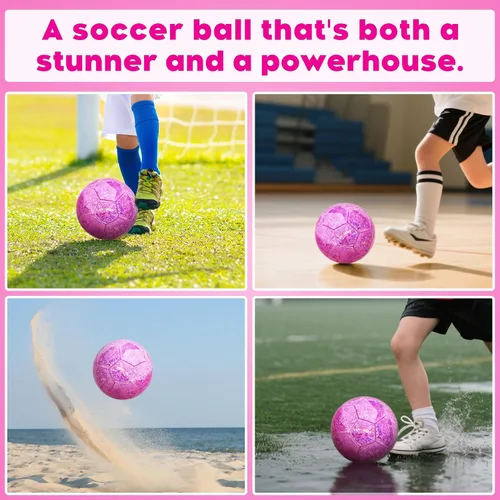 Vista 3 de Pelota de fútbol tamaño 4 con purpurina rosa - Pelota de fútbol para niños de 4-6, 6-8, 8-12 años, para deportes al aire libre, entrenamiento