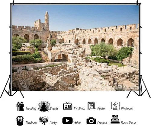 Vista 2 de David Tower - Telón de fondo de fotografía de la ciudad vieja de Jerusalén de 12 x 8 pies, decoración de juegos de iglesia, Belén, foto VBS, torre