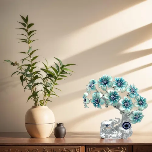 Vista 7 de Betterdecor - Adorno azul de ojo turco turco Nazar Lucky Forutne árbol bonsái con elefante, decoración para el hogar y la oficina (plateado-azul)