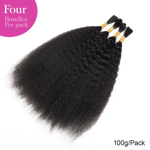 Vista 2 de Cabello humano rizado lacio, trenzado, sin trama, 3.53 oz (1 paquete-4 unidades), cabello humano liso Yaki a granel para trenzas Bohe, cabello micro