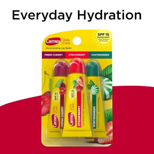 Vista 5 de Carmex Daily Care - Paquete de bálsamo labial hidratante, bálsamo labial con protector solar en cereza fresca, fresa y gaulteria, 0.35 onzas