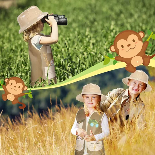 Vista 6 de Coume 12 sombreros de safari y chaleco, disfraz de safari incluye 6 sombreros de explorador de plástico y 6 chalecos de selva, suministros de fiesta