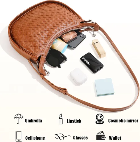 Vista 5 de Bolso de cuero tejido, bolso tejido de cuero vegano para mujer, bolso de mano con asa superior, bolsos de hombro de cuero vegano