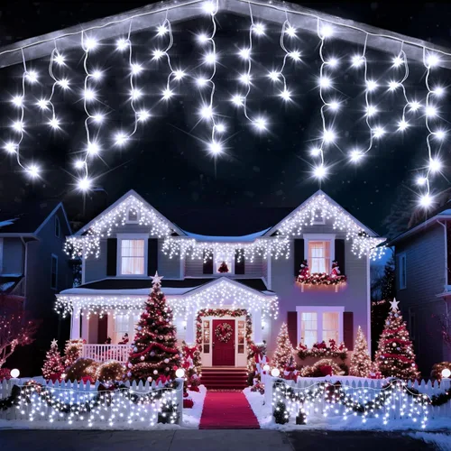 Vista 12 de Luz de hielo de 49 pies para exterior, 480 luces LED de Navidad para exteriores, iluminación de hielo de Navidad con 11 modos y temporizador