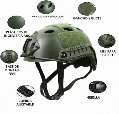 Vista 4 de Casco táctico PJ para Airsoft y Paintball con soporte para gafas de visión nocturna (NVG) y carril lateral Verde militar