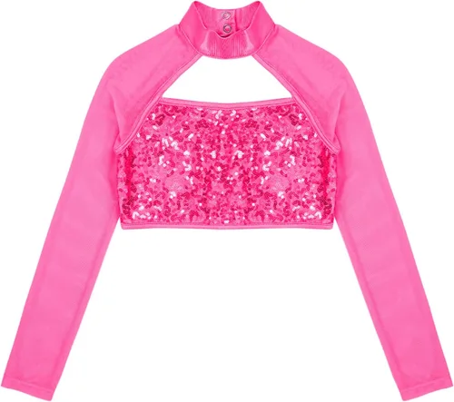 Vista 3 de YiZYiF Camiseta deportiva de manga larga con lentejuelas para niños y niñas, estilo hip hop, danza, cuello alto falso, ropa deportiva