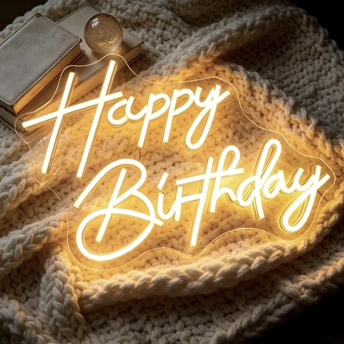 Vista 2 de Letrero de neón de feliz cumpleaños, luces de neón LED regulables, para fiesta de cumpleaños, letreros de neón para decoración de pared, alimentados
