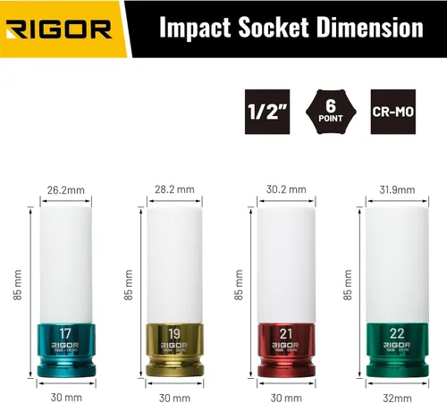 Vista 3 de RIGOR 11516 Juego de llaves de tuerca de llanta sin marcas Juego de llaves de impacto con protector de rueda Unidad de 1/2 pulgada, 6 puntos