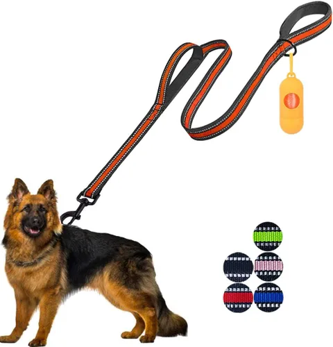Vista 8 de JSXD Correa resistente de doble asa para perro, 5 pies, acolchada y reflectante, cuerda para perros pequeños a grandes (negro)