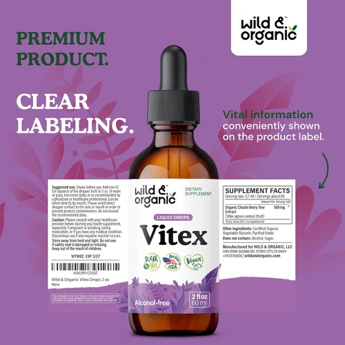 Vista 9 de Wild & Organic Vitex Tintura para la perimenopausia y el apoyo del estado de ánimo, suplemento Vitex Chasteberry para mujeres, suplemento líquido