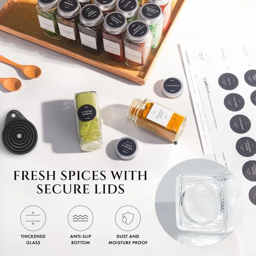 Vista 5 de FINESSY Tarros de especias de vidrio grueso con tapas herméticas y Paquete de 24 Estilo Minimalista