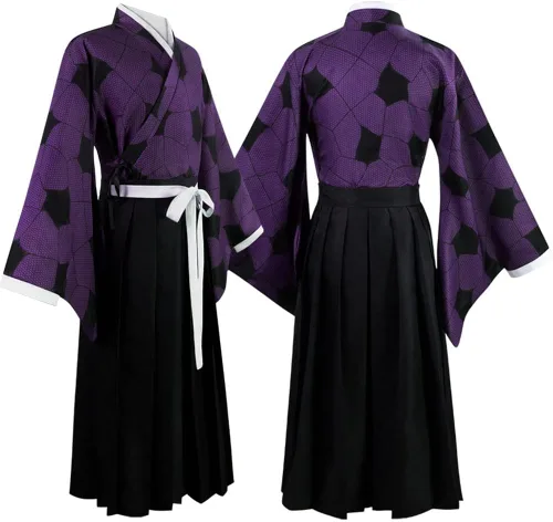 Vista 6 de Mroirdcly Disfraz de anime Demon Kokushibou para cosplay, color morado, negro, kimono, uniforme de Halloween