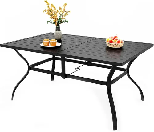 Vista 14 de PHI VILLA Mesa rectangular de comedor con listones de acero metálico para 6 personas con agujero ajustable para paraguas, resistente a la intemperie