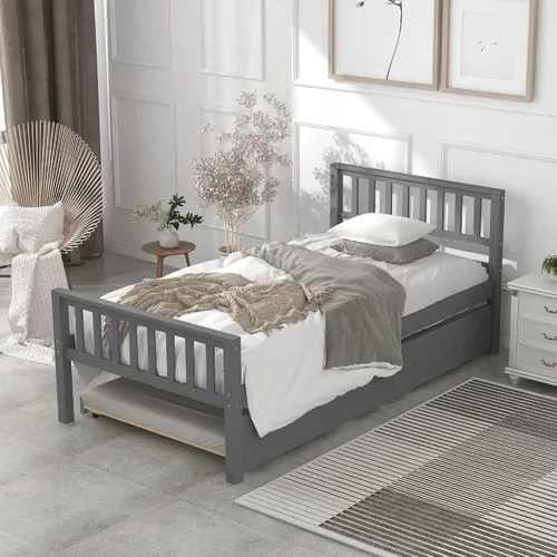 Vista 3 de Cama individual con nido, marco de cama de plataforma de madera con cabecera y estribo para dormitorio, espacio de vida pequeño, no necesita somier