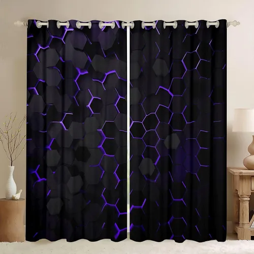 Vista 41 de Cortinas opacas negras de panal de abeja con luces de neón azul real, tratamientos de ventana con estampado geométrico hexagonal, decoración