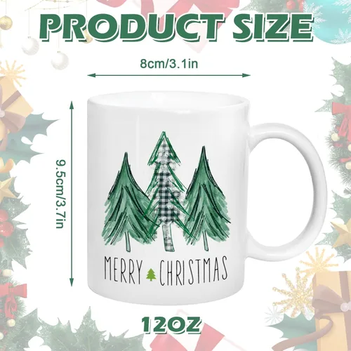 Vista 2 de Whaline Juego de 2 tazas de Navidad de 12 onzas con acuarela, a cuadros, árbol de Navidad, camión, taza de café, tazas de cerámica para fiesta
