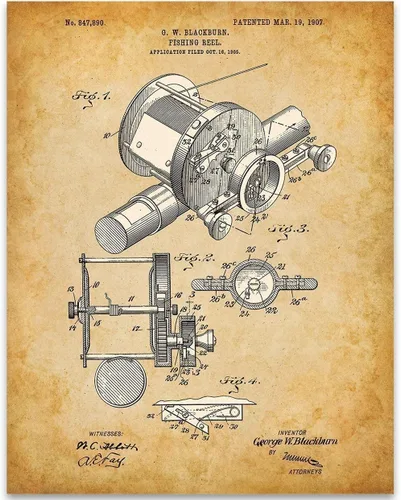 Vista 10 de 1905 Fishing Reel Patent Print - Lake House and Cabin Wall Decor, Great Fishing Camp Display, Outdoor Beach Decor, Classic Gifts for Fisherman