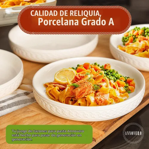 Vista 5 de Annovero Juego de 4 cuencos para pasta, color blanco, 40 onzas, 9 pulgadas de diámetro