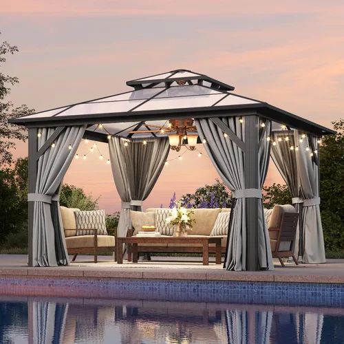Vista 19 de Aoxun 10'x10' Outdoor Gazebo with Polycarbonate Roof Khaki Single Roof Caqui