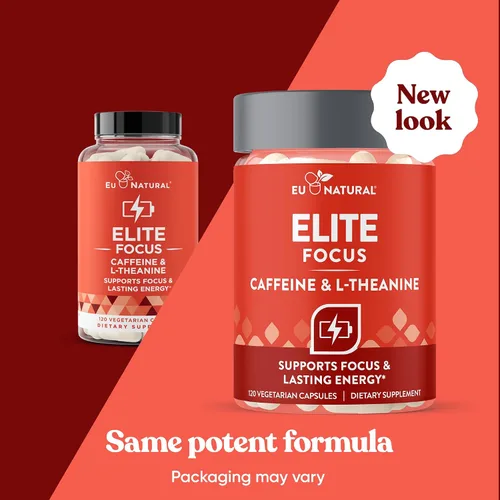 Vista 2 de Elite Cafeína con L-teanina, fuerza extra sin temblores, energía enfocada, cápsulas nootrópica natural para el rendimiento cognitivo, 120 cápsulas