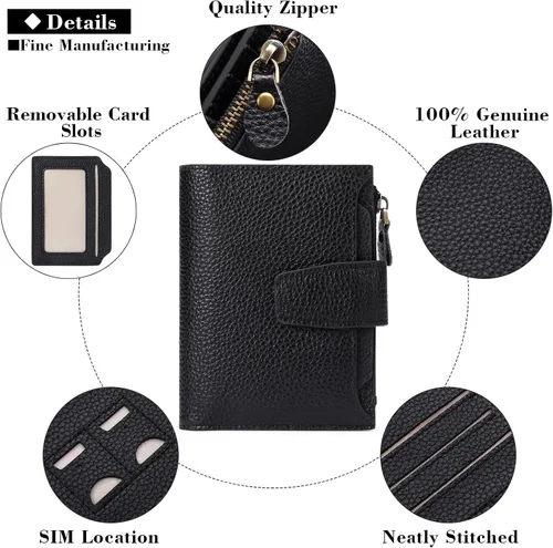 Vista 5 de FALAN MULE - Cartera de cuero auténtico para mujer, pequeña, plegable y compacta, con bloqueo de interferencia de radiofrecuencia (RFID)