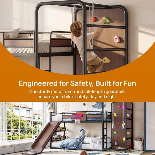 Vista 4 de Polibi Twin Metal Loft Bunk Bed with Basketball Hoop, Slide, Climbing Wall Loft Bed With Climbing Wall, Slide, Rings, And Bookshelves. A Fun Black