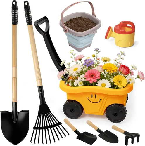 Vista 8 de Pala para niños, rastrillo para hojas, pala, azada y escoba, 5 piezas de herramientas de jardín para niños, jardín al aire libre, juguete de regalo