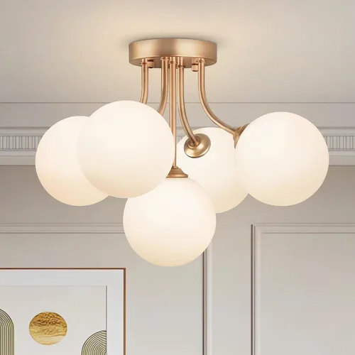Vista 15 de Lámpara de techo Sputnik negra montaje semiempotrado lámpara de techo de 5 luces con globo blanco lechoso moderna lámpara de araña Sputnik