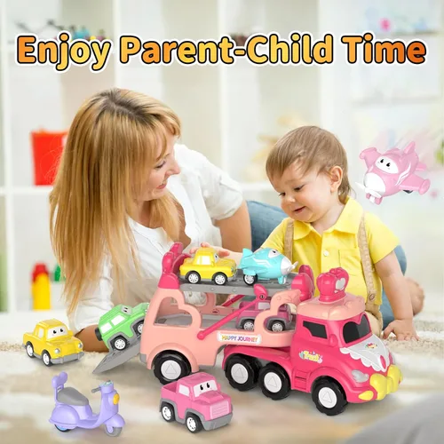 Vista 6 de newcrave - Juguetes de camiones para niñas de 1, 2, 3 años, juguetes de autos transportadores 7 en 1 para niñas pequeñas de 1-2, 2-3 años, juguete