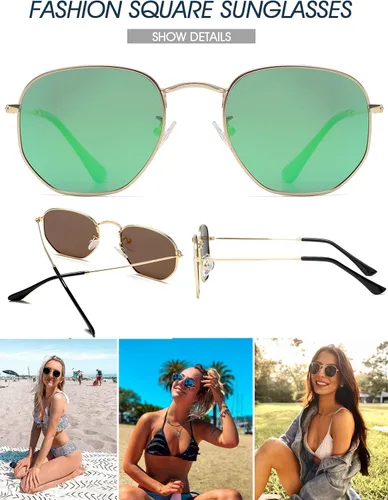 Vista 3 de PORADAY Lentes de sol polarizados hexagonales para mujeres y hombres, vintage, cuadrados, de metal, lentes de sol geométricos