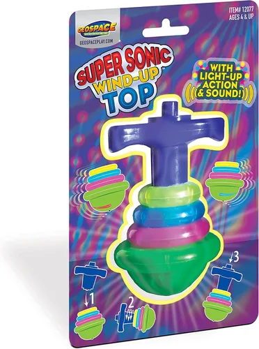 Vista 2 de Geospace Super Sonic Wind-Up Spinning Tops con luz y sonido (paquete individual)