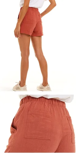 Vista 5 de NEYOUQE Pantalones cortos cómodos de algodón y lino para mujer, con cintura elástica y bolsillo