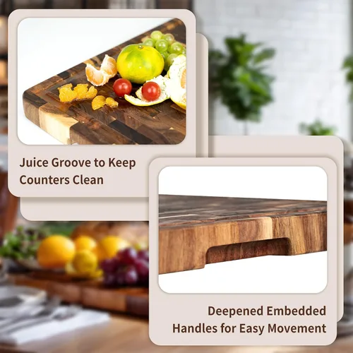 Vista 6 de Utoplike Tabla de cortar de acacia de 17 x 12 pulgadas, tabla de cortar de grano final de madera con ranura de jugo de un solo lado y asas, bloque