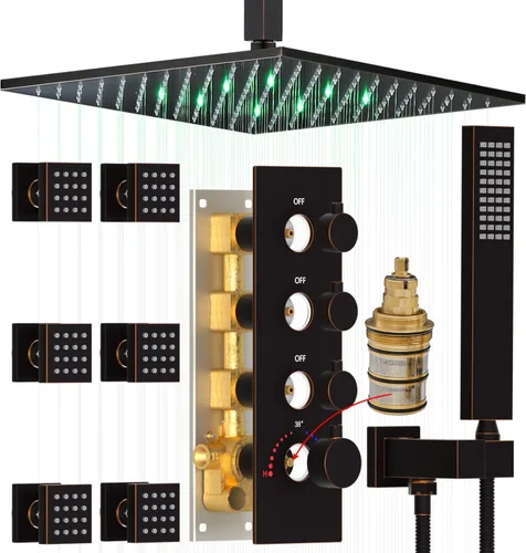 Vista 10 de HOMEDEC Sistema de ducha de lluvia LED de 16 pulgadas, válvula desviadora termostática de 3 vías con 6 pulverizadores corporales, todas las Negro