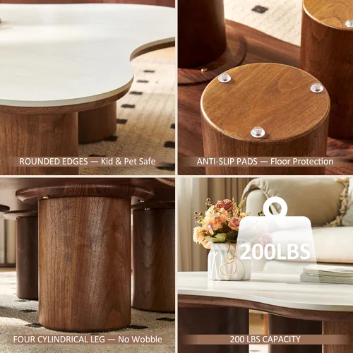 Vista 4 de Mesa de centro de nube de 48.4 pulgadas, parte superior de piedra sinterizada de travertino beige con patas de madera marrón, mesa central
