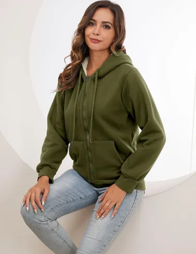 Vista 2 de Gihuo - Sudadera con capucha y cremallera para mujer, forro de Sherpa, chaqueta de invierno con forro polar cómoda Verde Armada (ArmyGreen)