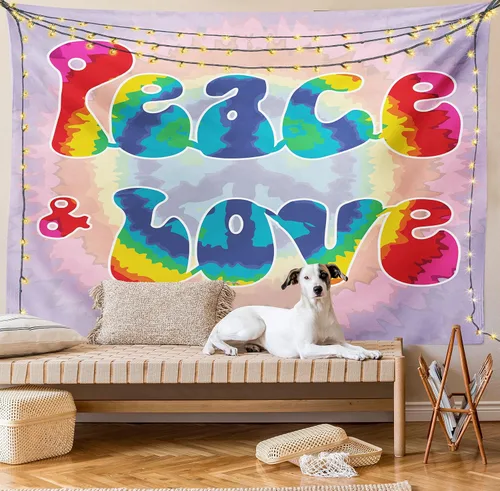 Vista 8 de Ambesonne Tapiz Groovy, texto de paz y amor en patrón de efecto teñido anudado, enérgico, juvenil, divertido hippie de los años 60 y 70, decoración