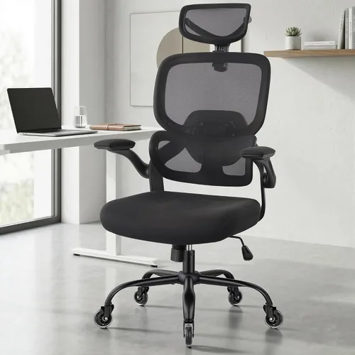 Vista 2 de Silla de oficina ergonómica con reposabrazos abatibles, soporte lumbar ajustable, silla de computadora con respaldo de malla transpirable, sillas
