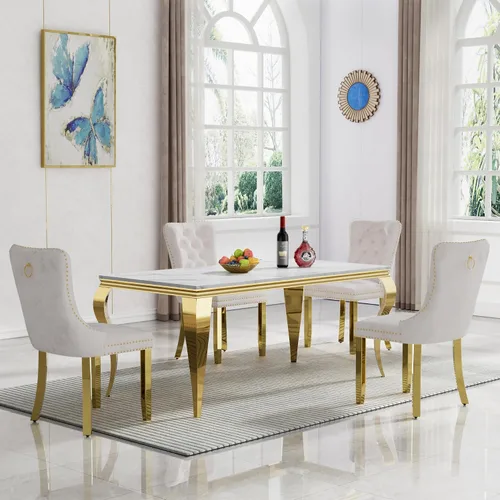 Vista 12 de Juego de 4 mesas de comedor blancas y doradas, mesa de cocina rectangular de 68 pulgadas con parte superior de mármol sintético blanco, mesa de Mesa