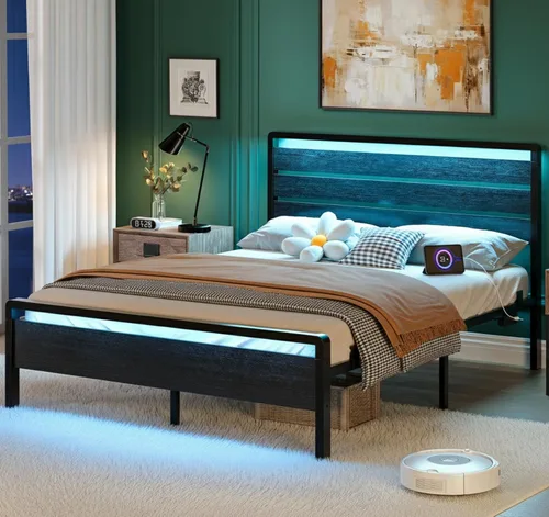 Vista 18 de VINGLI Base de cama de plataforma individual con cabecero y estribo LED, estación de carga USB, cama de panel de metal con espacio de almacenamiento
