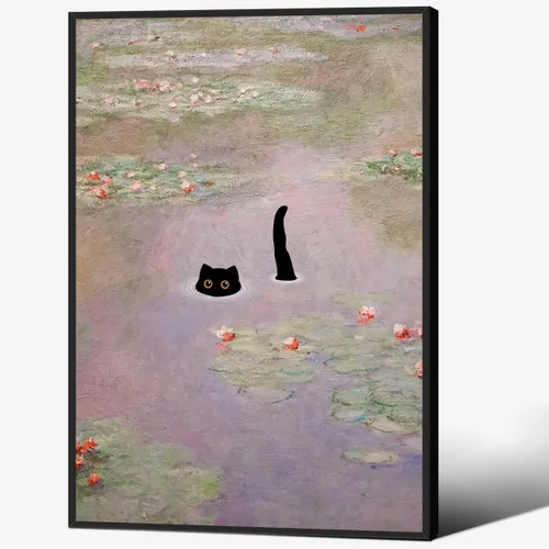 Vista 30 de CAXIYSH Arte de pared de gato negro Monet, póster de lirios acuáticos, vintage, divertido, floral, gato, lienzo, pinturas famosas, impresiones