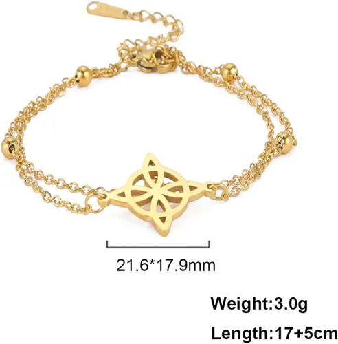 Vista 6 de Pulsera de nudo de brujas para mujer, de acero inoxidable, nudo celta con símbolo Wiccano, pulsera en capas, dije único, pulsera ajustable de doble