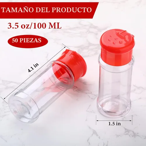 Vista 2 de 50 botellas de plástico de 3.5 onzas líquidas para especias con tapa, recipiente vacío transparente para almacenar hierbas, polvos, cocina