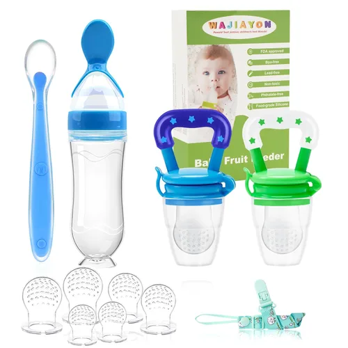 Vista 12 de Comedero de alimentos para bebés (3 piezas) con 6 chupetes de silicona de diferentes tamaños, 2 cucharas dispensadoras de alimentos de silicona