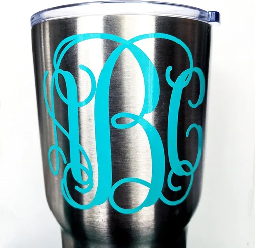 Vista 2 de Adhesivo personalizado de monograma de iniciales estilo vid o círculo compatible con tazas, laptops, termos, ventanas de auto (brillo disponible)
