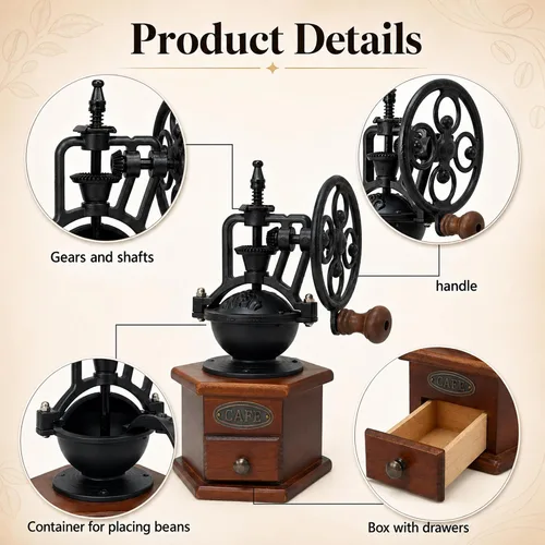 Vista 7 de Molino manual de granos de café, molino de café, manual con manivela de rueda de hierro y cuerpo de madera, molinillo de café de cerámica para uso