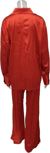 Vista 4 de Conjunto de pijama de satén de dos piezas para mujer, de manga larga, con botones, pierna ancha, ropa urbana de moda