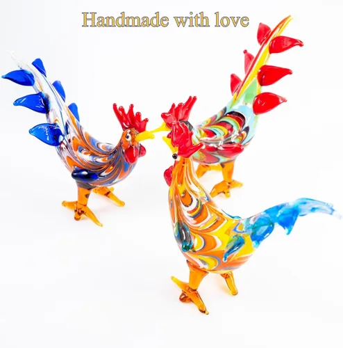 Vista 8 de Mini figuras de gallo de pollo de vidrio soplado, hechas a mano, pequeño compañero lindo coleccionable para adorno de escritorio (azul oscuro)
