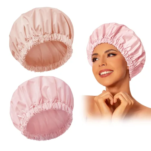 Vista 32 de Gorro de ducha reutilizable para mujer, grande, impermeable, lavable, banda elástica, accesorios de baño, sombrero para cabello largo, trenzas Beige